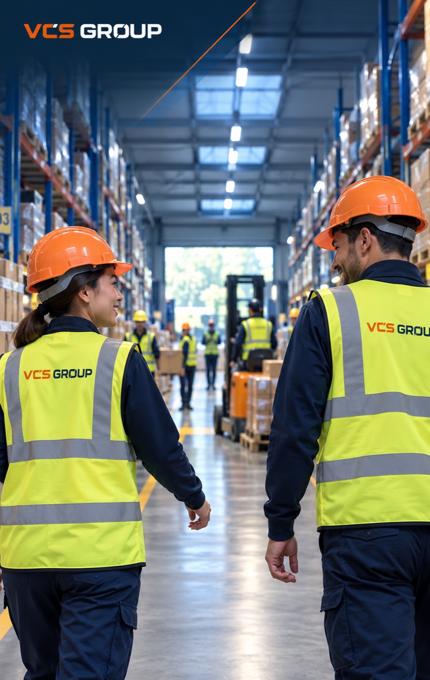Two VCS Group workers in high-visibility vests walking through a distribution centre